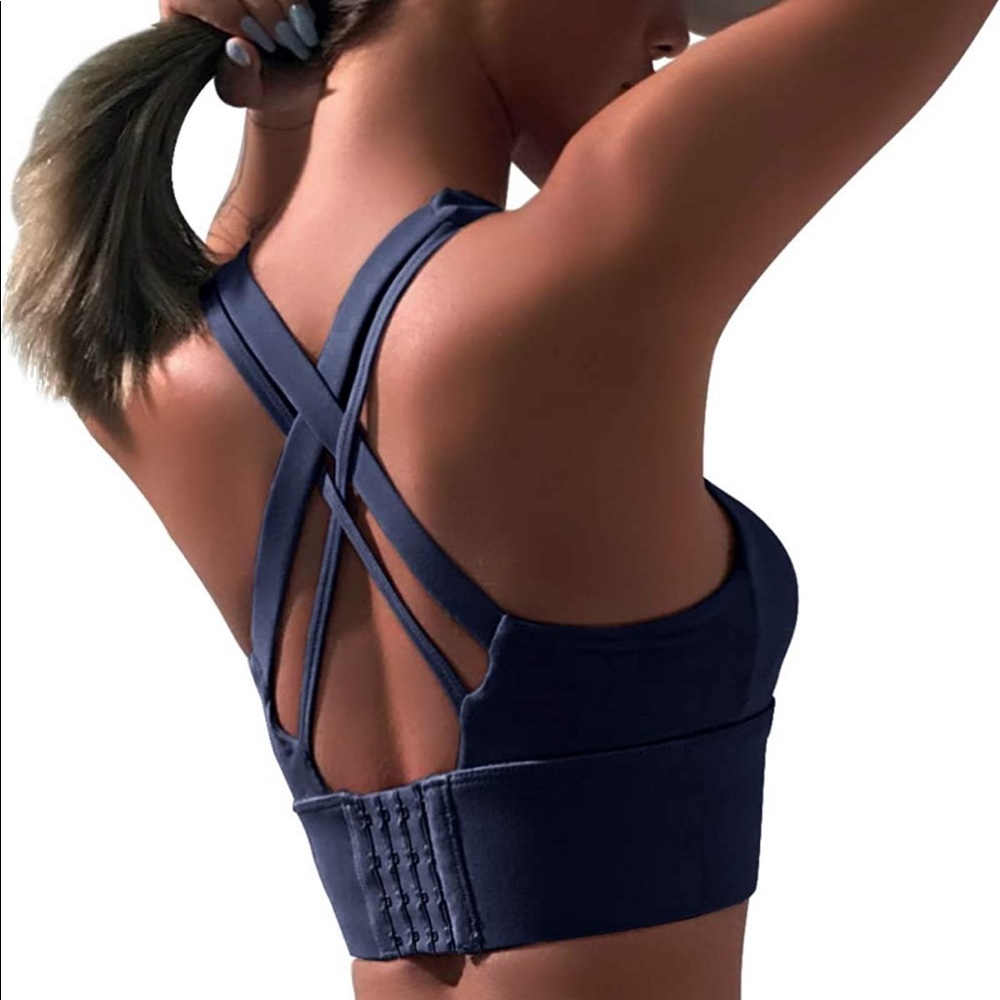 Strappy Women's Cross-Padded Adjustable Medium Impact Sports Bras Sz:S Navy Blue